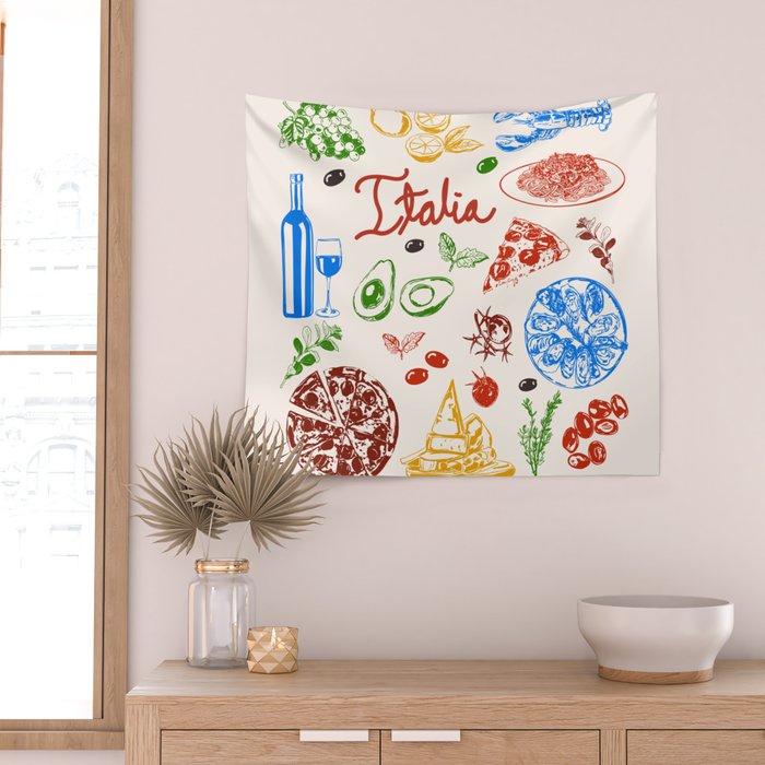 Italy Food Illustration Colorful Handdrawn Mediterranean Cuisine Wall Tapestry Gallery Image 2