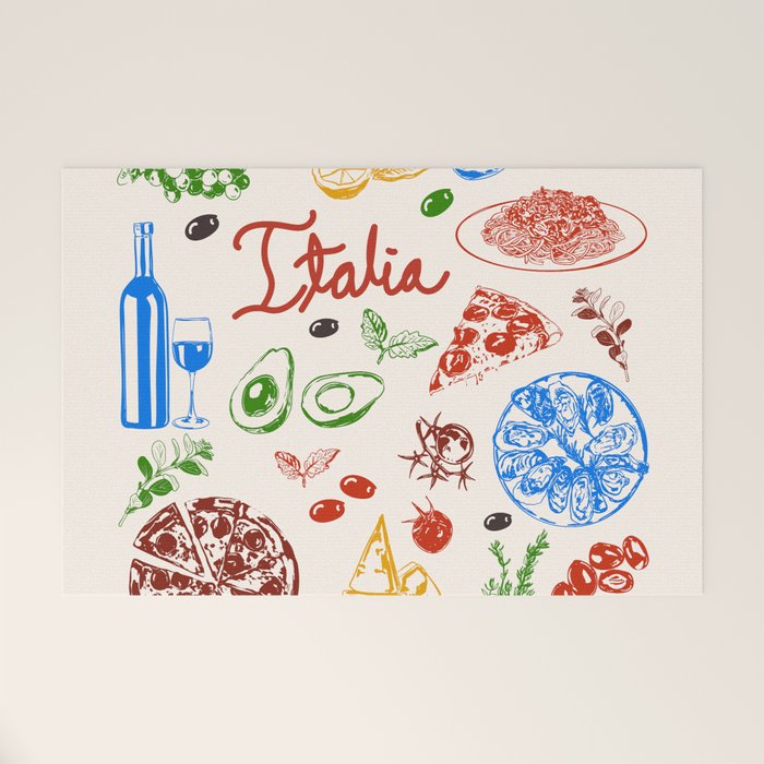 Italy Food Illustration Colorful Handdrawn Mediterranean Cuisine Welcome Mat Gallery Image 1