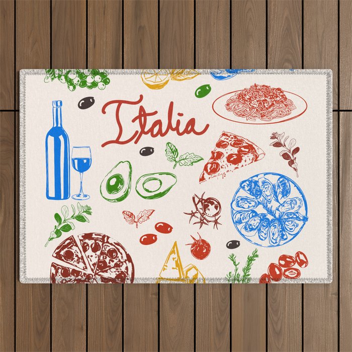 Italy Food Illustration Colorful Handdrawn Mediterranean Cuisine Outdoor Rug Gallery Image 1