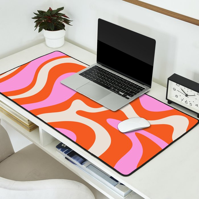 Retro Liquid Swirl Abstract Pattern Bright Pink Orange Cream Desk Mat Gallery Image 2