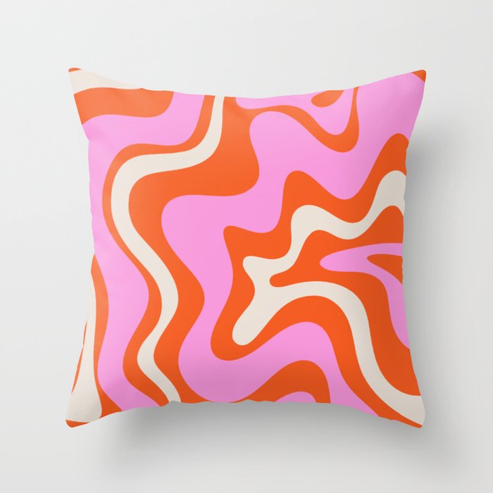 Retro Liquid Swirl Abstract Pattern Bright Pink Orange Cream Throw Pillow Gallery Image 1