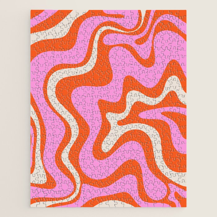 Retro Liquid Swirl Abstract Pattern Bright Pink Orange Cream Jigsaw Puzzle Gallery Image 1