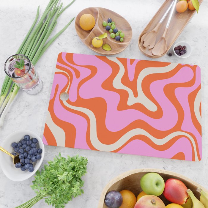 Retro Liquid Swirl Abstract Pattern Bright Pink Orange Cream Cutting Board Gallery Image 2