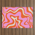 Retro Liquid Swirl Abstract Pattern Bright Pink Orange Cream Outdoor Rug Gallery Image 1