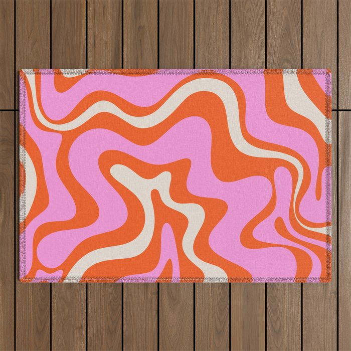 Retro Liquid Swirl Abstract Pattern Bright Pink Orange Cream Outdoor Rug Gallery Image 1