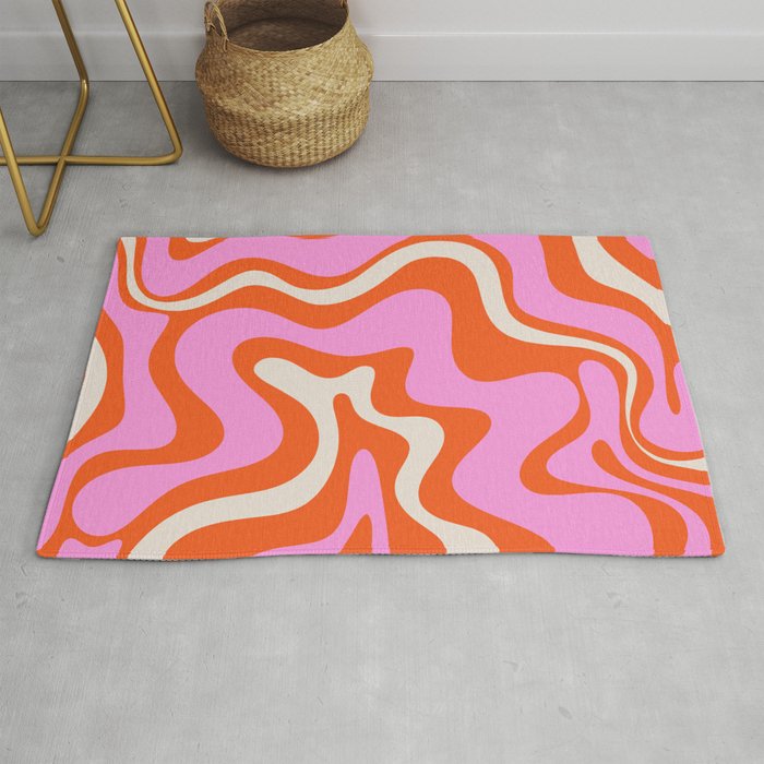 Retro Liquid Swirl Abstract Pattern Bright Pink Orange Cream Rug Gallery Image 1