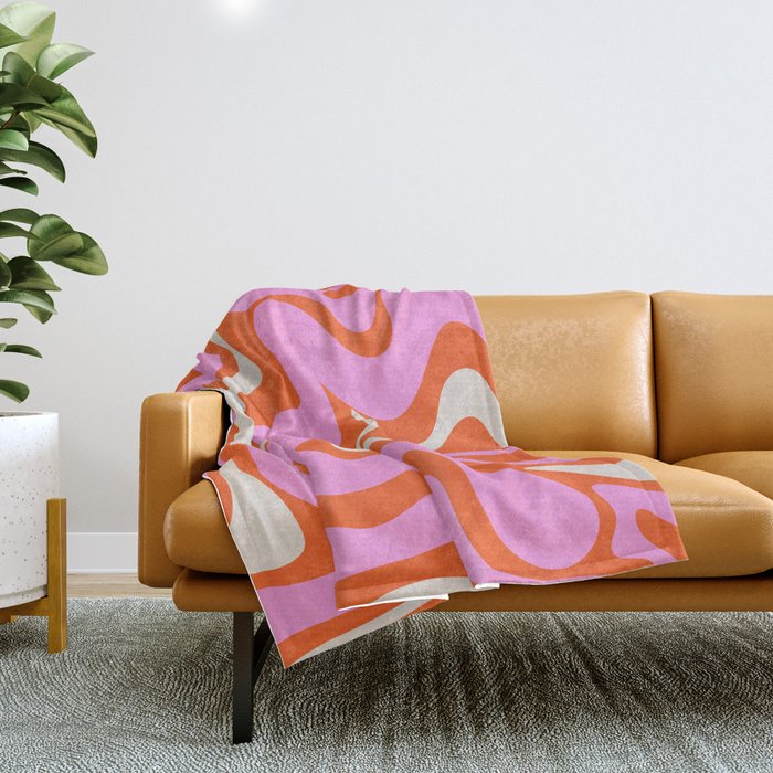 Retro Liquid Swirl Abstract Pattern Bright Pink Orange Cream Throw Blanket Gallery Image 1
