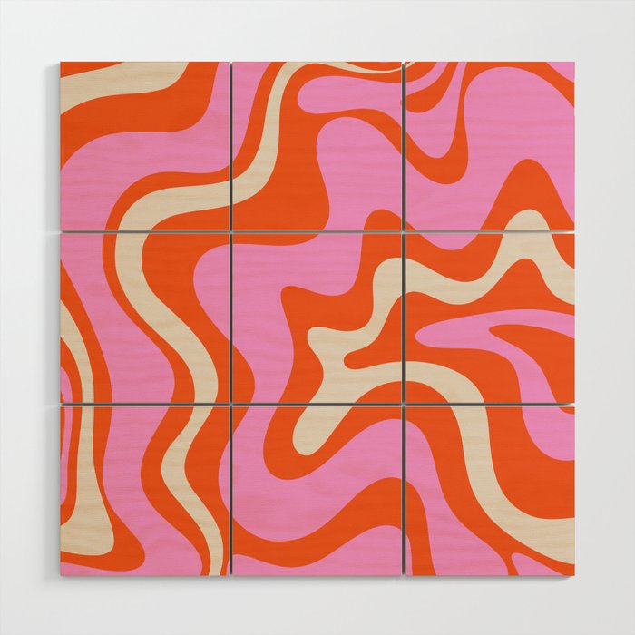 Retro Liquid Swirl Abstract Pattern Bright Pink Orange Cream Wood Wall Art Gallery Image 1