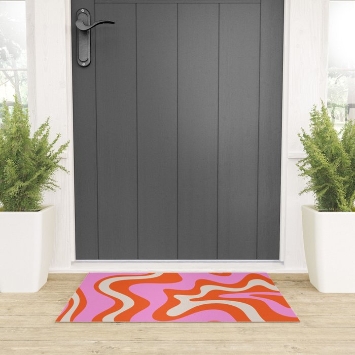 Retro Liquid Swirl Abstract Pattern Bright Pink Orange Cream Welcome Mat Gallery Image 3
