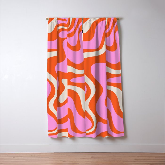 Retro Liquid Swirl Abstract Pattern Bright Pink Orange Cream Window Curtain Gallery Image 3