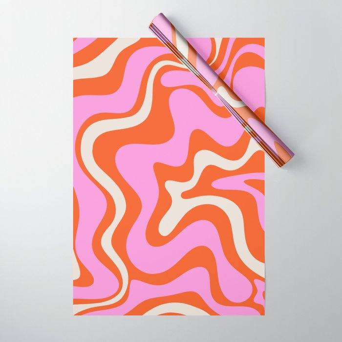 Retro Liquid Swirl Abstract Pattern Bright Pink Orange Cream Wrapping Paper Gallery Image 1