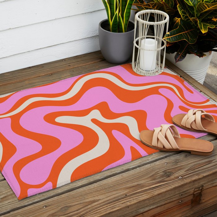Retro Liquid Swirl Abstract Pattern Bright Pink Orange Cream Outdoor Rug Gallery Image 2