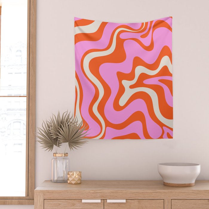 Retro Liquid Swirl Abstract Pattern Bright Pink Orange Cream Wall Tapestry Gallery Image 2
