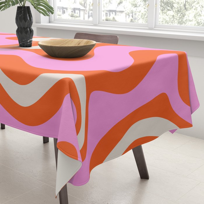 Retro Liquid Swirl Abstract Pattern Bright Pink Orange Cream Tablecloth Gallery Image 3
