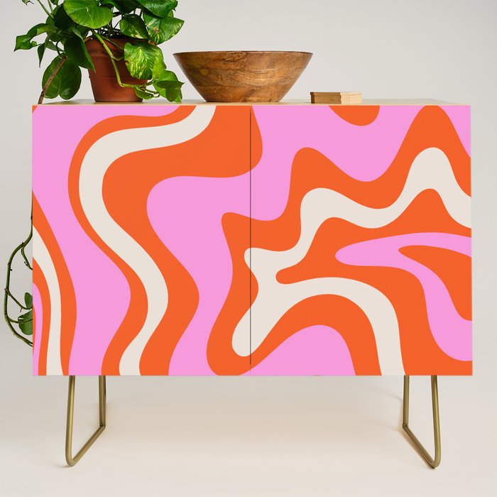 Retro Liquid Swirl Abstract Pattern Bright Pink Orange Cream Credenza Gallery Image 1