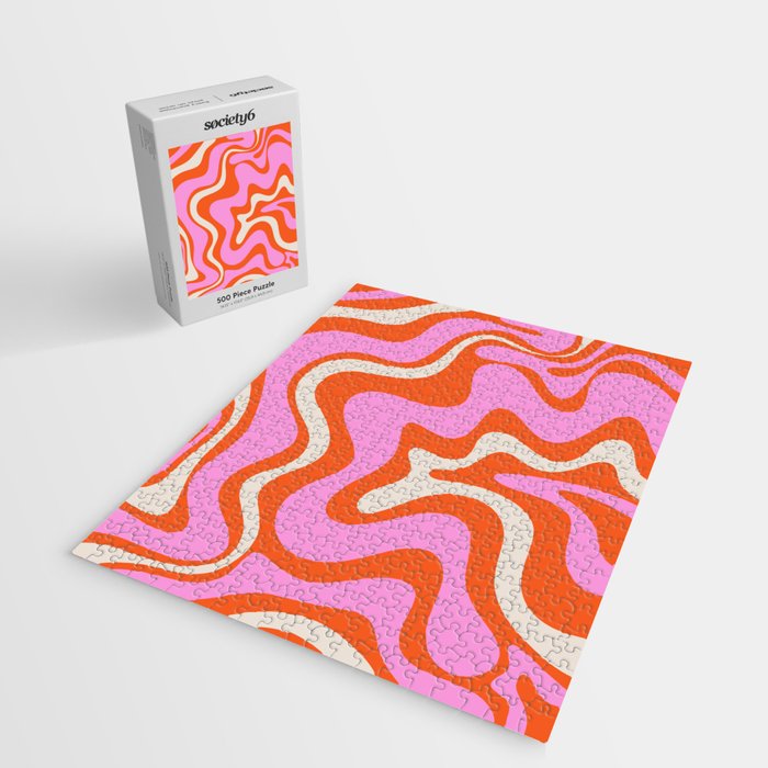 Retro Liquid Swirl Abstract Pattern Bright Pink Orange Cream Jigsaw Puzzle Gallery Image 2