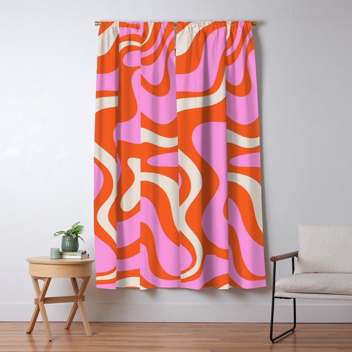 Retro Liquid Swirl Abstract Pattern Bright Pink Orange Cream Window Curtain Gallery Image 1