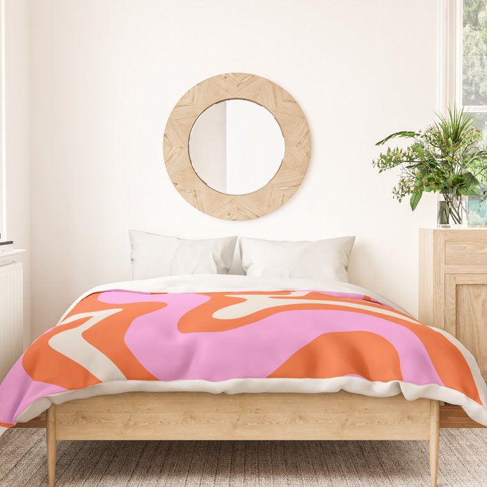 Retro Liquid Swirl Abstract Pattern Bright Pink Orange Cream Duvet Cover Gallery Image 3