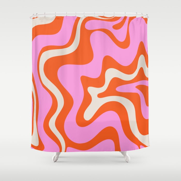 Retro Liquid Swirl Abstract Pattern Bright Pink Orange Cream Shower Curtain Gallery Image 1