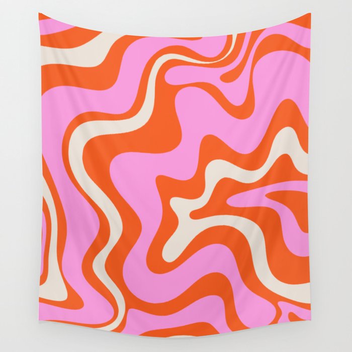 Retro Liquid Swirl Abstract Pattern Bright Pink Orange Cream Wall Tapestry Gallery Image 4
