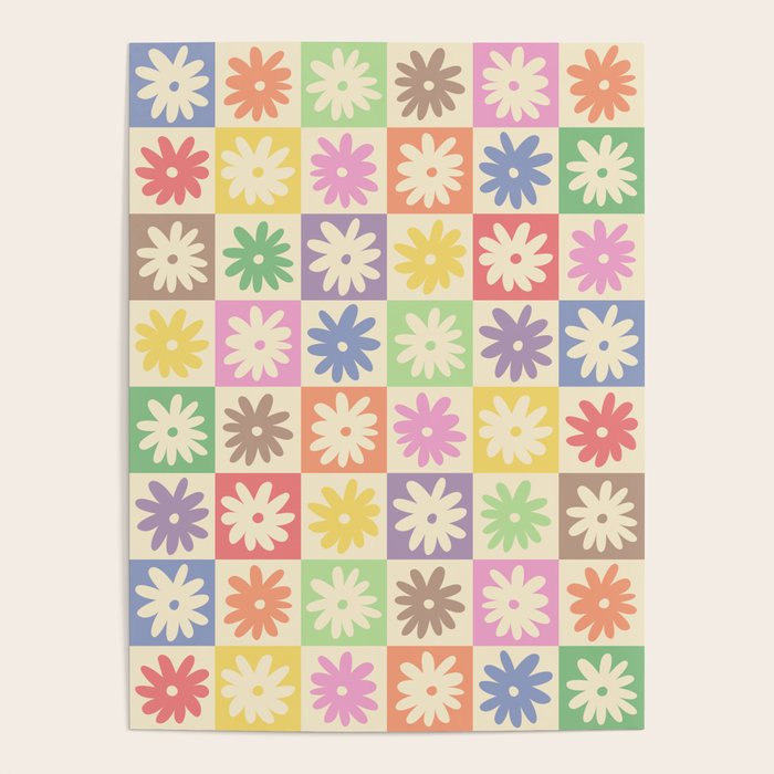 Colorful Flower Checkered Pattern Poster Gallery Image 1