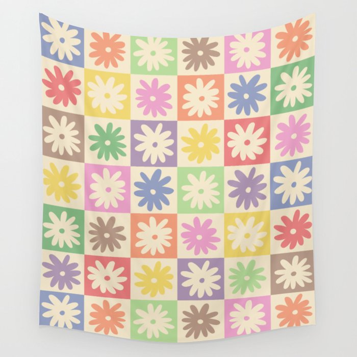 Colorful Flower Checkered Pattern Wall Tapestry Gallery Image 4