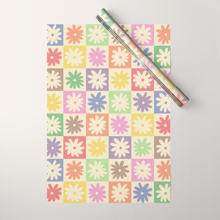 Colorful Flower Checkered Pattern Wrapping Paper Gallery Image 1