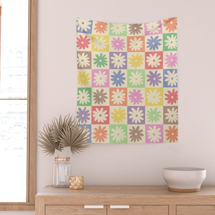 Colorful Flower Checkered Pattern Wall Tapestry Gallery Image 2