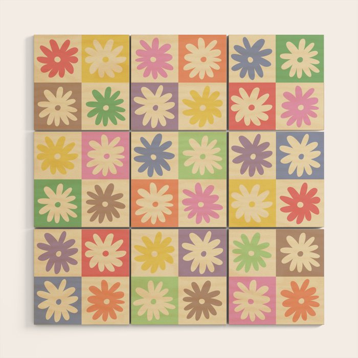 Colorful Flower Checkered Pattern Wood Wall Art Gallery Image 1