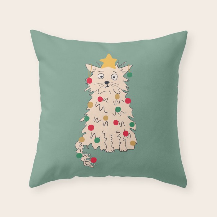 Christmas tree cat drawing Throw Pillow Gallery Image 1