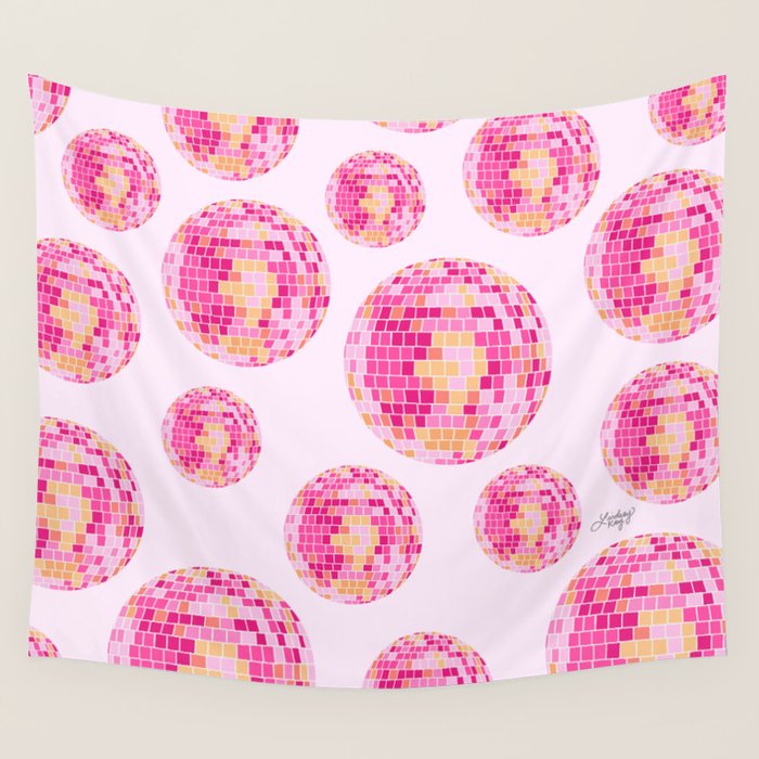 Disco Balls Illustration (Pink/Yellow Palette) Wall Tapestry Gallery Image 1