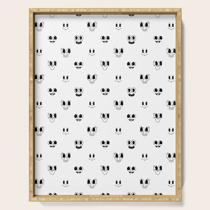 Funny vintage cartoon face doodle pattern Serving Tray Gallery Image 1