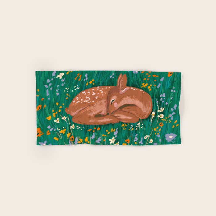Sleeping Deer in Wildflower Meadow Whimsical Nature Illustration Bath Towel Gallery Image 1