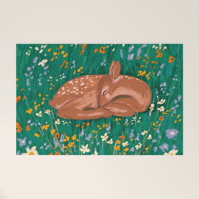 Sleeping Deer in Wildflower Meadow Whimsical Nature Illustration Welcome Mat Gallery Image 1