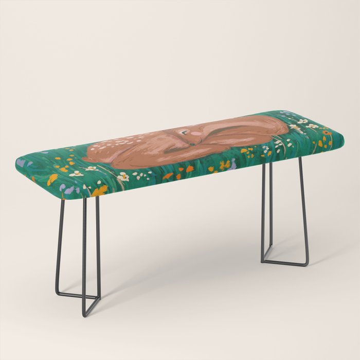 Sleeping Deer in Wildflower Meadow Whimsical Nature Illustration Bench Gallery Image 1
