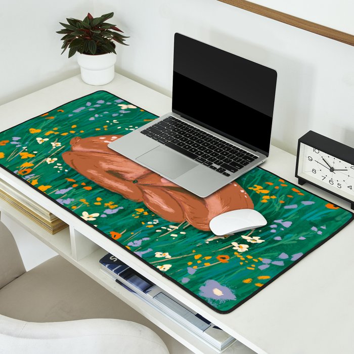Sleeping Deer in Wildflower Meadow Whimsical Nature Illustration Desk Mat Gallery Image 2