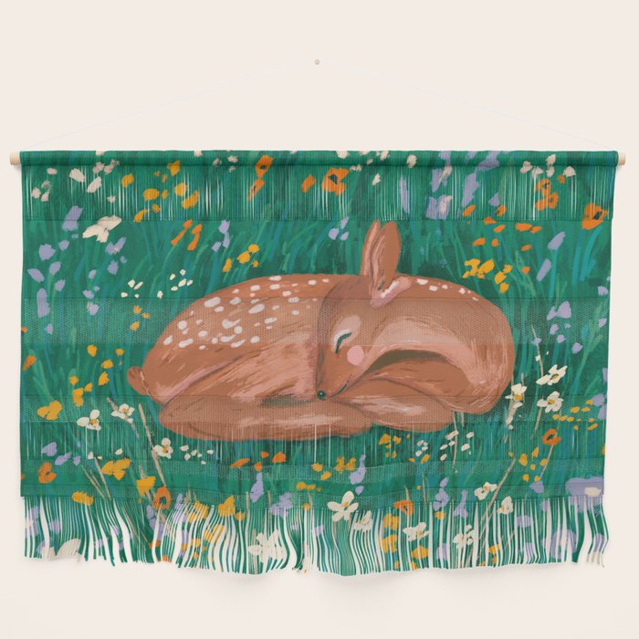 Sleeping Deer in Wildflower Meadow Whimsical Nature Illustration Wall Hanging Gallery Image 1