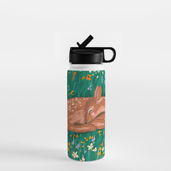 Sleeping Deer in Wildflower Meadow Whimsical Nature Illustration Water Bottle Gallery Image 1