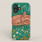 Sleeping Deer in Wildflower Meadow Whimsical Nature Illustration iPhone Case Gallery Image 1