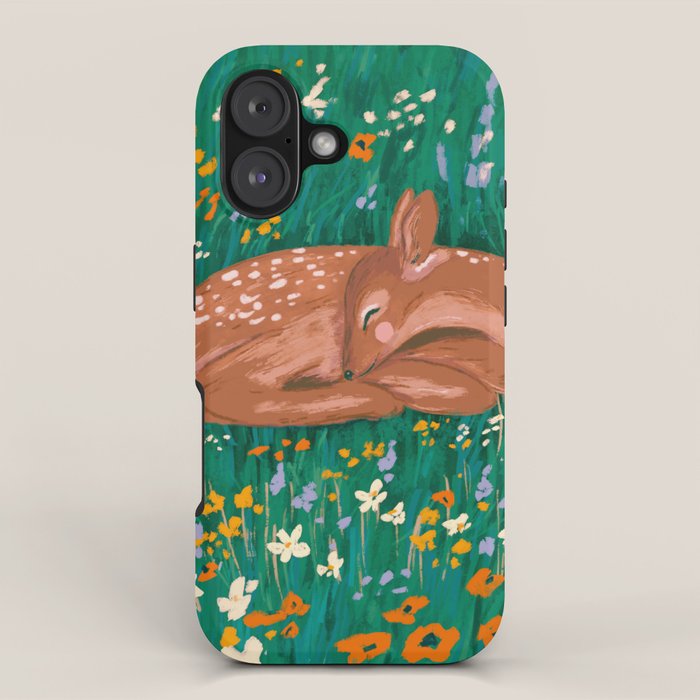 Sleeping Deer in Wildflower Meadow Whimsical Nature Illustration iPhone Case Gallery Image 1