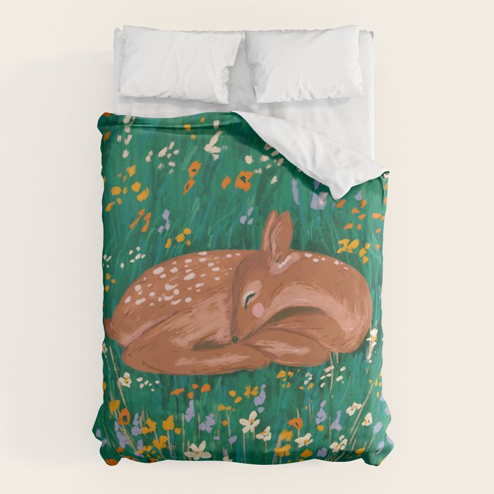 Sleeping Deer in Wildflower Meadow Whimsical Nature Illustration Duvet Cover Gallery Image 1