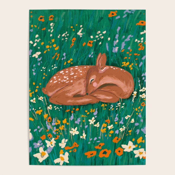 Sleeping Deer in Wildflower Meadow Whimsical Nature Illustration Poster Gallery Image 1