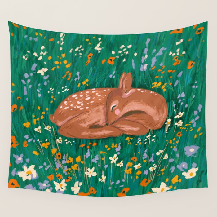 Sleeping Deer in Wildflower Meadow Whimsical Nature Illustration Wall Tapestry Gallery Image 4