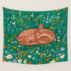 Sleeping Deer in Wildflower Meadow Whimsical Nature Illustration Wall Tapestry Gallery Image 4