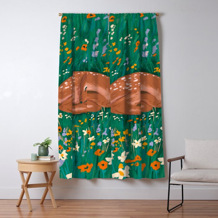 Sleeping Deer in Wildflower Meadow Whimsical Nature Illustration Window Curtain Gallery Image 5