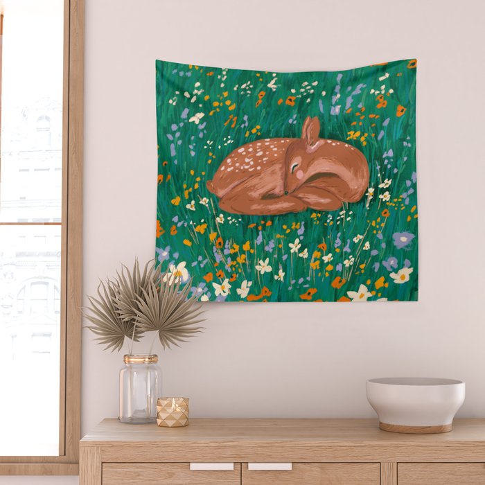 Sleeping Deer in Wildflower Meadow Whimsical Nature Illustration Wall Tapestry Gallery Image 2