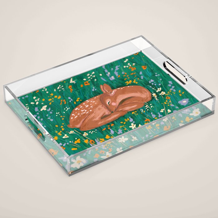 Sleeping Deer in Wildflower Meadow Whimsical Nature Illustration Acrylic Tray Gallery Image 1