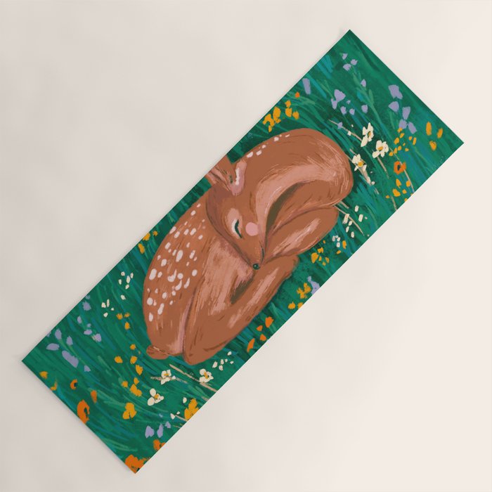 Sleeping Deer in Wildflower Meadow Whimsical Nature Illustration Yoga Mat Gallery Image 1