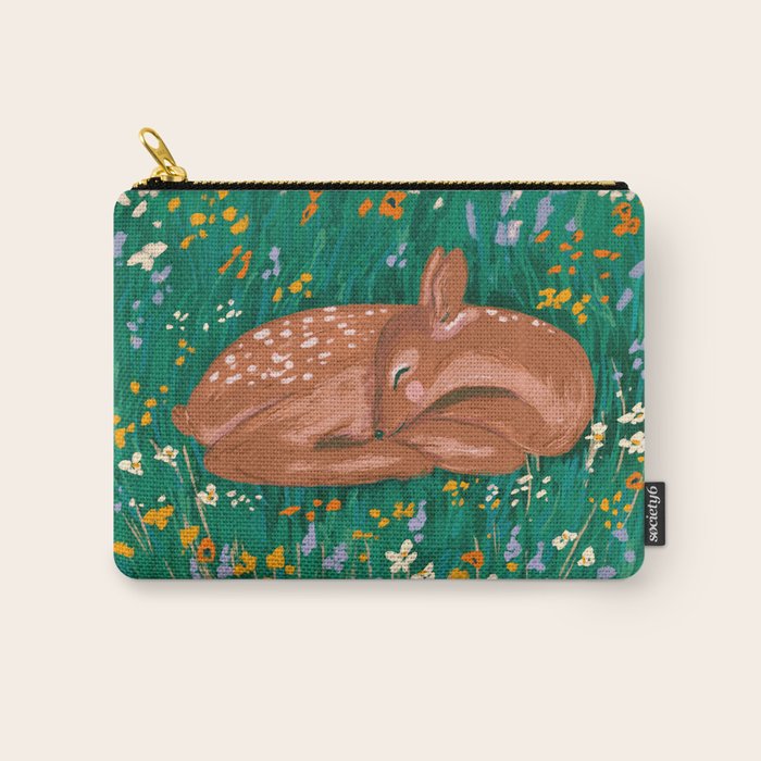 Sleeping Deer in Wildflower Meadow Whimsical Nature Illustration Carry All Pouch Gallery Image 1
