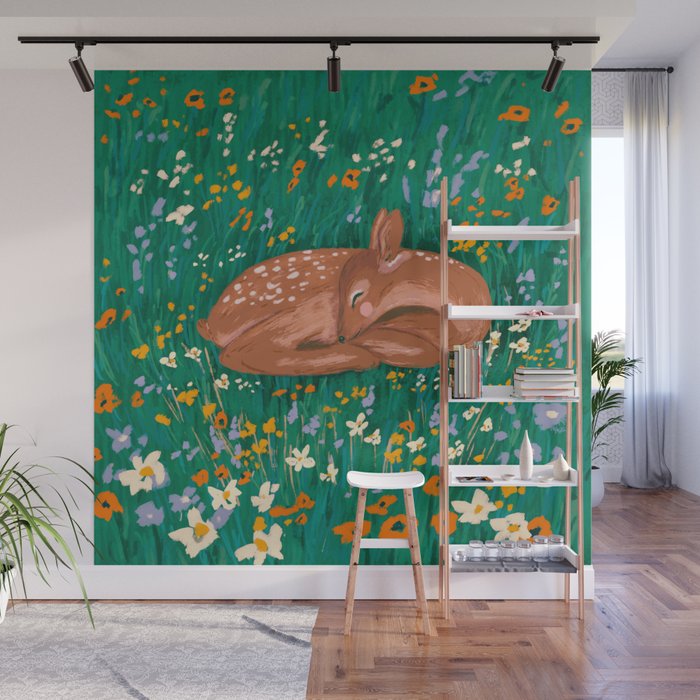 Sleeping Deer in Wildflower Meadow Whimsical Nature Illustration Wall Mural Gallery Image 1